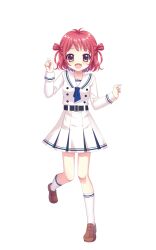  1girl :d antenna_hair belt black_belt breasts brown_shoes buttons dot_nose double-breasted dress full_body hair_rings hands_up highres izumi_tsubasu long_sleeves looking_at_viewer official_art open_mouth re:stage! red_hair sailor_collar school_uniform shoes short_hair simple_background small_breasts smile socks solo sorano_neon standing standing_on_one_leg tachi-e transparent_background violet_eyes white_dress white_sailor_collar white_socks 