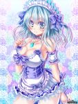  1girl apron artist_request blue_eyes blue_hair breasts cleavage collarbone dress hair_ribbon halterneck jewelry large_breasts maid_apron necklace psychic_hearts ribbon sleeveless sleeveless_dress 