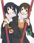  2girls :d black_hair blue_eyes blue_skirt brown_eyes brown_hair coat green_skirt hakama_skirt hiryuu_(kantai_collection) japanese_clothes kantai_collection looking_at_viewer multiple_girls natsume_(na_tsumen) open_mouth pleated_skirt pouch scarf short_hair simple_background skirt smile souryuu_(kantai_collection) twintails white_background 