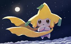  closed_mouth commentary_request company_name copyright_name copyright_notice floating full_body full_moon hyogonosuke jirachi moon night night_sky no_humans official_art pokemon pokemon_(creature) pokemon_focus pokemon_tcg sky solo star_(sky) starry_sky 