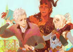  1boy 2girls absurdres astarion baldur&#039;s_gate baldur&#039;s_gate_3 book broken_horn colored_skin dungeons_&amp;_dragons green_eyes highres holding holding_book horns karlach kuzen long_hair multiple_girls official_alternate_hair_color outdoors red_eyes red_hair red_skin shadowheart_(baldur&#039;s_gate) short_hair tiefling upper_body white_hair 