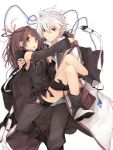  1boy 1girl ass bow braid brown_eyes brown_hair cape carrying character_request copyright_request detached_sleeves grey_eyes hair_bow hair_ribbon kuwashima_rein long_hair looking_at_viewer official_art princess_carry ribbon single_braid white_hair 