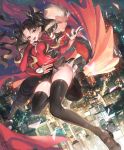  1boy 1girl archer black_legwear blue_eyes cape city fate/stay_night fate_(series) gem hug long_hair long_sleeves mary_janes repi987 ribbon shoes short_hair skirt thigh-highs tohsaka_rin toosaka_rin twintails very_long_hair white_hair 