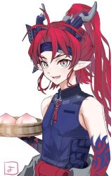  1boy :d arknights bare_shoulders colored_extremities commentary food fruit green_eyes headband holding horns long_hair lower_teeth_only male_focus open_mouth peach pointy_ears ponytail purple_headband purple_shirt red_hair shirt simple_background sleeveless sleeveless_shirt smile solo teeth upper_body white_background yokaze_(yokajie) yu_(arknights) 