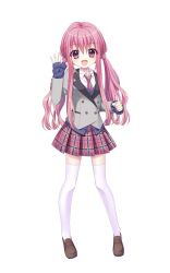  1girl :d asahi_hina blazer brown_shoes buttons clenched_hand dot_nose double-breasted full_body grey_jacket hand_up highres izumi_tsubasu jacket long_hair looking_at_viewer low_twintails necktie official_art open_mouth pink_hair plaid_clothes plaid_skirt re:stage! red_eyes red_necktie red_skirt school_uniform shirt shoes sidelocks simple_background skirt sleeves_past_wrists smile solo tachi-e thigh-highs transparent_background twintails white_shirt white_thighhighs zettai_ryouiki 