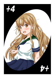  1girl alternate_hair_length alternate_hairstyle bandaid bandaid_on_face blue_sailor_collar blue_skirt brown_eyes brown_hair card_(medium) cowboy_shot fang highres kantai_collection long_hair oboro_(kancolle) pleated_skirt sailor_collar sailor_shirt senon shirt short_sleeves skirt solo uno_(game) white_shirt 