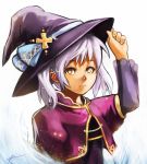 1girl absurdres borrowed_character bust capelet cecilia_(acerailgun) flat_chest hand_on_headwear hat highres lavender_hair long_sleeves orange_eyes original robert_knight simple_background solo white_background witch_hat 