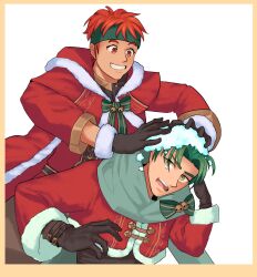  2boys absurdres alternate_costume commentary commission english_commentary fire_emblem fire_emblem:_radiant_dawn fur-trimmed_gloves fur-trimmed_sleeves fur_trim gloves green_hair highres male_focus multiple_boys quiu_bagan red_eyes red_hair short_hair snow sothe_(fire_emblem) tormod_(fire_emblem) yellow_eyes 