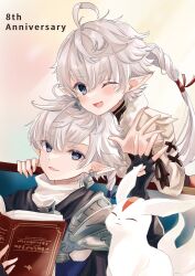  1boy 1girl :d ;d ahoge alisaie_leveilleur alphinaud_leveilleur anniversary armor black_gloves blue_eyes book braid brother_and_sister brown_jacket commentary_request final_fantasy final_fantasy_xiv fingerless_gloves gloves grey_hair highres holding holding_book jacket long_hair long_sleeves middle_w one_eye_closed open_book pauldrons pointy_ears puffy_long_sleeves puffy_sleeves rino_cnc shoulder_armor siblings smile twins w 