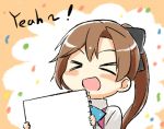  &gt;_&lt; 1girl :d akigumo_(kantai_collection) blush_stickers bow brown_hair engiyoshi hair_bow hair_ribbon holding kantai_collection long_hair looking_at_viewer notebook open_mouth ponytail ribbon school_uniform smile solo xd 