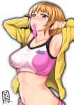  1girl absurdres adjusting_hair blue_eyes blush breasts gundam gundam_build_fighters gundam_build_fighters_try highres hoshino_fumina jacket looking_at_viewer meicha mouth_hold navel orange_hair simple_background solo sports_bra white_background 