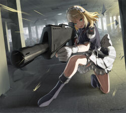  1girl absurdres aiming aqua_eyes assault_rifle black_boots blonde_hair boots centaureissi_(girls&#039;_frontline_2) commentary_request full_body g36_(girls&#039;_frontline) girls&#039;_frontline_2:_exilium girls_frontline gloves gun h&amp;k_g36 highres holding holding_gun holding_weapon maid_headdress medium_hair on_one_knee open_mouth partially_fingerless_gloves pouch projectile_trail rifle s-masa_7131 skirt solo teeth upper_teeth_only weapon white_gloves white_skirt 