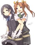 2girls :d ahoge belt bike_shorts black_hair brown_hair gloves grey_skirt hair_ornament hairclip kagerou_(kantai_collection) kantai_collection kuroshio_(kantai_collection) looking_at_viewer multiple_girls natsume_(na_tsumen) open_mouth pleated_skirt school_uniform short_hair simple_background skirt smile twintails vest violet_eyes white_background white_gloves 