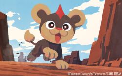  :3 blue_sky bright_pupils clouds commentary_request company_name copyright_name copyright_notice day dust full_body highres hyogonosuke litleo no_humans official_art open_mouth outdoors pokemon pokemon_(creature) pokemon_focus pokemon_tcg sky smile solo white_pupils 