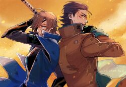  2boys ahoge artist_name blue_eyes brown_coat brown_eyes brown_hair coat commentary_request date_masamune_(sengoku_basara) dated eyepatch from_side grin hair_slicked_back holding holding_sword holding_weapon katakura_kojuurou_(sengoku_basara) katana looking_at_viewer male_focus multiple_boys open_mouth popped_collar robingdon sengoku_basara short_hair smile sword upper_body weapon yellow_background 