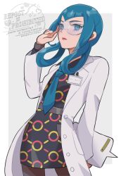  1girl black_dress blue_eyes blue_hair closed_mouth coat dress glasses hair_rings lab_coat lipstick long_hair long_sleeves mable_(pokemon) makeup mizuiro123 necktie open_clothes pantyhose pokemon pokemon_legends:_z-a safety_glasses simple_background solo white_coat 