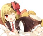  1girl ;d bed blonde_hair fang looking_at_viewer lying necktie on_stomach one_eye_closed open_mouth red_eyes rumia short_hair smile solo touhou yuuhagi_(amaretto-no-natsu) 