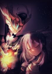  2girls :o armor black_jacket closed_eyes fire firefly_(honkai:_star_rail) full_armor glowing_headgear green_light grey_armor grey_hair hair_between_eyes hair_intakes helmet honkai:_star_rail honkai_(series) jacket multiple_girls myootis open_clothes open_jacket open_mouth power_armor sam_(honkai:_star_rail) shirt sleeping stelle_(honkai:_star_rail) trailblazer_(honkai:_star_rail) white_shirt 