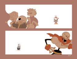 2015 2boys 2d 2koma anthro armor bird bird_girl black_shorts blue_jacket blue_shorts blue_slippers blurry blurry_foreground bone boots border brothers brown_border cape comic digital_media drunk_bun fish fish_boy furry furry_male gloves grey_hood height_difference holding holding_bone hood hood_down hooded_jacket humanoid jacket looking_at_another looking_back male male_focus monster monster_boy multiple_boys open_clothes open_jacket papyrus_(undertale) punk_hamster red_bird_(undertale) red_boots red_cape red_gloves sans_(undertale) shirt shorts siblings signature silent_comic simple_background skeleton slippers standing striped_shorts sumiko_(skbsu) teeth ugly_fish undead undertale utdr_(toby_fox) vertical-striped_clothes vertical-striped_shorts white_armor white_background white_shirt white_stripes