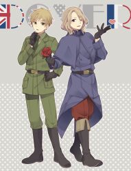 2boys axis_powers_hetalia baggy_pants belt black_belt black_boots black_gloves blonde_hair boots breast_pocket capelet collared_capelet collared_shirt commentary_request facial_hair flower france_(hetalia) french_flag full_body gloves green_eyes green_jacket green_necktie green_pants green_shirt grey_background hair_between_eyes hand_on_own_chin hand_on_own_hip hand_up holding holding_flower jacket lapels leaf long_sleeves looking_at_another male_focus military military_jacket military_uniform multiple_boys necktie one_eye_closed open_mouth pants pocket polka_dot polka_dot_background purple_capelet purple_hair purple_jacket red_flower red_pants red_rose rose saku_anna shirt short_hair smile standing text_background union_jack united_kingdom_(hetalia) 