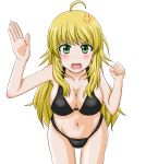  1girl anger_vein bikini blonde_hair green_eyes highres hoshii_miki idolmaster leaning_forward long_hair swimsuit takumi_(rozen_garten) 