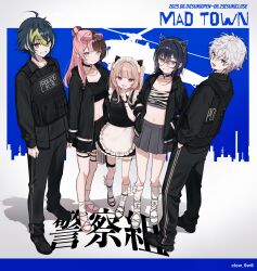  2boys 3girls absurdres ahoge alternate_costume animal_ears apron artist_name black_hair black_jacket black_pants black_shirt black_skirt blonde_hair blue_eyes blush brown_hair bulletproof_vest closed_mouth clow collar collared_shirt commentary_request earrings eyewear_on_head fake_animal_ears full_body glasses green_eyes green_hair grey_skirt hair_bun heterochromia highres ichinose_uruha inami_rai jacket jewelry madtown_gta maid_apron maid_headdress makaino_ririmu multicolored_hair multiple_boys multiple_girls murakumo_kagetsu navel necklace nijisanji open_clothes open_jacket open_mouth pants pink_hair purple_hair red_eyes shirt shoes skirt socks split-color_hair standing streaked_hair tachibana_hinano thigh_strap two-tone_hair violet_eyes virtual_youtuber vspo! white_hair white_socks 