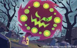  bare_tree commentary_request company_name copyright_name copyright_notice full_body ghost hyogonosuke leaf no_humans official_art outdoors pokemon pokemon_(creature) pokemon_focus pokemon_tcg rock solo spiritomb tree wind 