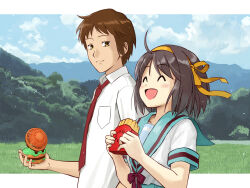  1boy 1girl blue_sailor_collar blue_skirt blue_sky breast_pocket brown_eyes brown_hair burger closed_mouth clouds collared_shirt commentary_request day fake_food food french_fries hair_ribbon hairband handheld_electric_fan happy highres ishiyuki kita_high_school_uniform kyon looking_at_another looking_to_the_side mountainous_horizon necktie open_mouth outdoors pocket red_necktie red_ribbon ribbon sailor_collar school_uniform serafuku shirt short_hair short_sleeves skirt sky smile summer_uniform suzumiya_haruhi suzumiya_haruhi_no_yuuutsu tongue white_shirt yellow_hairband yellow_ribbon 