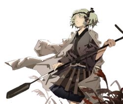  1other aaayamitsu black_headband black_ribbon brown_hakama closed_eyes closed_mouth cowboy_shot fern fujiwara_no_iyozane grey_hair hachimaki hair_ribbon hakama hakama_short_skirt hakama_skirt haori happy headband highres holding holding_oar jacket jacket_on_shoulders japanese_clothes kimono len&#039;en long_sleeves oar ponytail purple_kimono ribbon short_hair short_kimono short_ponytail side_ponytail simple_background skirt smile solo standing white_background white_jacket wide_sleeves 