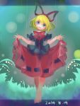  1girl barefoot blonde_hair blue_eyes bow crazy_eyes dated flower hair_bow highres letterboxed lily_of_the_valley medicine_melancholy namauni open_mouth puffy_short_sleeves puffy_sleeves puppet_strings revision shirt short_sleeves skirt skirt_hold smile string touhou wings 