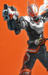  1boy armor black_bodysuit bodysuit gun highres holding holding_gun holding_weapon kamen_rider kamen_rider_geats kamen_rider_geats_(magnumboost_form) kamen_rider_geats_(series) magnum_buckle magnum_shooter_40x male_focus mask neocity222 orange_background solo weapon 
