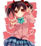  1girl \m/ black_hair double_\m/ grin hair_ribbon looking_at_viewer love_live!_school_idol_project plaid plaid_skirt pleated_skirt red_eyes ribbon rinndouk school_uniform skirt smile solo twintails yazawa_nico 