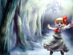  1girl :d blonde_hair fang forest frilled_skirt frills hair_ribbon nature open_mouth outstretched_arms qbthgry red_eyes ribbon rumia shirt short_hair skirt smile spread_arms touhou tree vest 