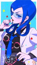  1girl black_dress blue_eyes blue_hair blue_necktie coat dress glasses hair_rings hana_e_(ka_e0128) highres lab_coat lipstick long_hair long_sleeves mable_(pokemon) makeup necktie open_clothes parted_lips pokemon pokemon_legends:_z-a solo teeth upper_body white_coat 
