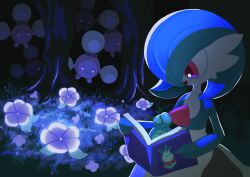  alternate_color blue_skin book budew colored_skin flower forest gardevoir glowing hair_over_one_eye highres holding holding_book hoppip jumpluff multicolored_skin nature night petilil pokemon pokemon_(creature) red_eyes shiny_pokemon skiploom smile suspineapple123 tree two-tone_skin white_skin 