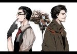  2boys baker_(yypig01) beard biting black_hair facial_hair glasses glove_biting gloves joseph_oda logo multiple_boys necktie sebastian_castellanos the_evil_within trench_coat vest waistcoat 