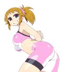  1girl arms_behind_back ass bare_shoulders bdsm bike_shorts blue_eyes blush bondage breasts brown_hair chan_co from_behind gundam gundam_build_fighters gundam_build_fighters_try hoshino_fumina large_breasts long_hair looking_back midriff navel ponytail rope scrunchie smile solo sports_bra sweat 
