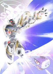  absurdres alphamon armor black_armor black_helmet blue_background dazz_(daito) digimon digimon_(creature) dorumon evolutionary_line forehead_jewel helmet highres knight sample_watermark sharp_teeth solo_focus teeth watermark yellow_eyes 