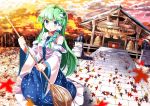  1girl :o autumn_leaves bare_shoulders belly_peek blue_eyes blush blush_stickers box breasts broom collared_shirt detached_sleeves donation_box e.o. frilled_skirt frills frog_hair_ornament green_hair hair_ornament kochiya_sanae komainu leaf long_hair long_skirt looking_at_viewer maple_leaf navel open_mouth shrine skirt snake_hair_ornament solo sweeping touhou very_long_hair wide_sleeves 