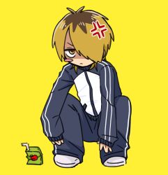  1boy ahoge aikawa_ryuoh anger_vein blonde_hair blue_track_suit blush_stickers closed_mouth expressionless hair_over_one_eye jacket jitome juice_box kurage_(kurage18) looking_at_viewer male_focus multicolored_jacket pants shaded_face shoes short_hair simple_background single_blush_sticker slav_squatting solo squatting track_pants track_suit white_shoes yankii_shota_to_otaku_oneesan yellow_background yellow_eyes 