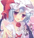  1girl :d autographed bat_wings blue_hair blush bow bust dress fang flower hat hat_bow highres looking_at_viewer mob_cap motomiya_mitsuki open_mouth outstretched_arm outstretched_hand pink_eyes red_rose remilia_scarlet ribbon-trimmed_headwear ribbon_trim rose smile solo touhou white_dress wings 