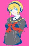  1girl aegis aegis_(persona) android arms_behind_back blonde_hair blue_eyes bow em glasses headphones persona persona_3 school_uniform short_hair smile solo 