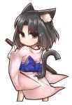  1girl animal_ears black_hair blush cat_ears cat_tail japanese_clothes kara_no_kyoukai kimono obi ohitashi_netsurou ryougi_shiki sash short_hair solo sparkle tail weapon 