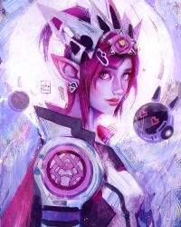  1girl artist_name commentary elf english_commentary fantasy flower hair_flower hair_ornament heart heart-shaped_eyes highres original painterly photoshop_(medium) pink_eyes pink_hair pointy_ears sebijy 