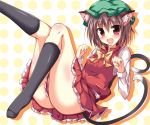  1girl animal_ears ass blush bow brown_hair cat_ears cat_tail chen ear_piercing fang jewelry legs_up looking_at_viewer multiple_tails naba_(take_tonbo) open_mouth piercing red_eyes shirt single_earring skirt skirt_set smile solo tail touhou vest 
