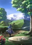  1girl blue_hair coin cup flower food fork fruit hat hinanawi_tenshi knife long_hair money mountain mug plate road_sign short_sleeves sign solo suitcase table takemori_shintarou touhou tree 