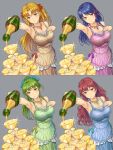  4girls blue_dress blue_hair breasts brown_dress brown_eyes brown_hair cleavage dress earrings flower gem goblet green_dress green_hair hair_flower hair_ornament hair_ribbon hand_on_own_chest highres hisho_collection jewelry komase_(jkp423) multiple_girls necklace overflowing pink_dress ponytail pouring ribbon simple_background sparkle two_side_up wavy_hair wine_bottle 