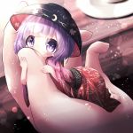  1girl akisha barefoot bowl finger_to_another&#039;s_mouth hat highres japanese_clothes kimono long_sleeves looking_at_viewer minigirl obi pov_hands purple_hair sash sukuna_shinmyoumaru touhou violet_eyes wide_sleeves 