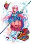  1girl arched_back artist_name aura bow bowtie breasts character_name energy expressionless hata_no_kokoro holding_weapon long_hair long_sleeves mask oni_mask pink_eyes pink_hair pink_skirt polearm shoes signature skirt socks solo touhou umigarasu_(kitsune1963) weapon 