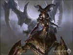  1girl 2010 artist_name breasts claws collaboration copyright_name extra_mouth highres horns jana_schirmer johannes_voss magic:_the_gathering monster_girl multiple_legs official_art sheoldred_whispering_one solo spikes 